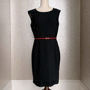 Calvin Klein dress, black and white pin striped with red belt